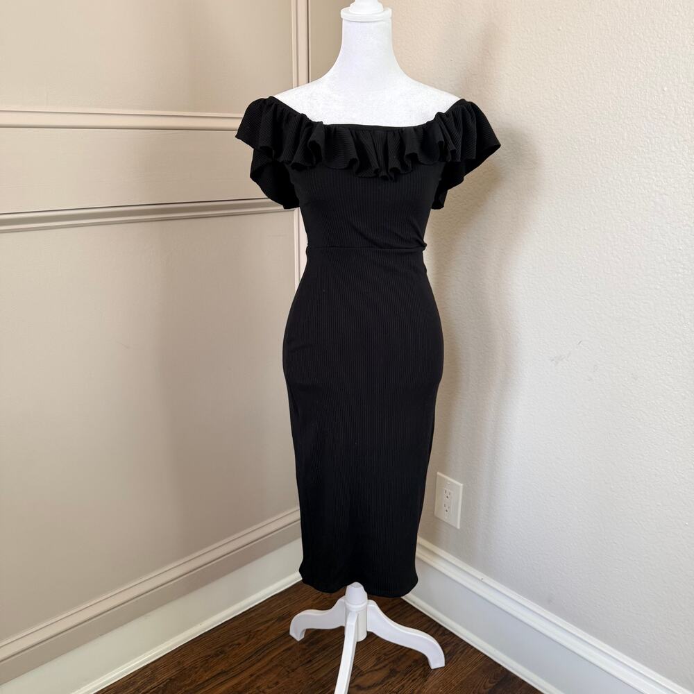 Reformation Bettina Black Knit Off-Shoulder Ruffle Midi Dress Size M - Picture 3 of 7